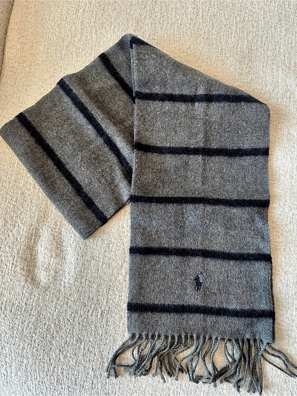 Polo Ralph Lauren Striped Lambswool Fringe Scarf Gray & Blue